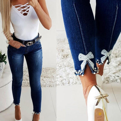 Damen Skinny Jeans mit Perlen- und Schleifendetails Stalluxe
