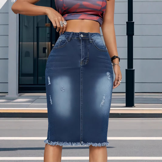 Damen Denim-Midirock mit stylischem Fransenabschluss und figurbetontem Schnitt Stalluxe