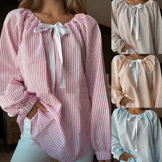 Damen Blusenshirt mit elastischem Puffärmel und dekorativem Bindeband Stalluxe