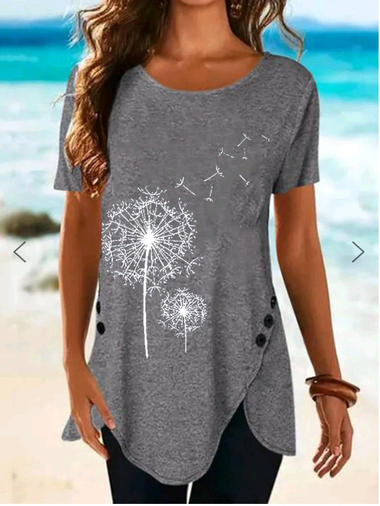 Damen Kurzarmshirt mit asymmetrischem Saum und Dandelion-Print Stalluxe