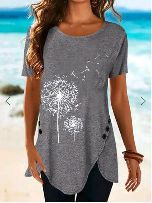 Damen Kurzarmshirt mit asymmetrischem Saum und Dandelion-Print Stalluxe