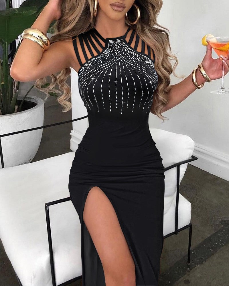 Damen Elegantes Abendkleid mit Strassverzierungen und tiefem Schlitz Stalluxe
