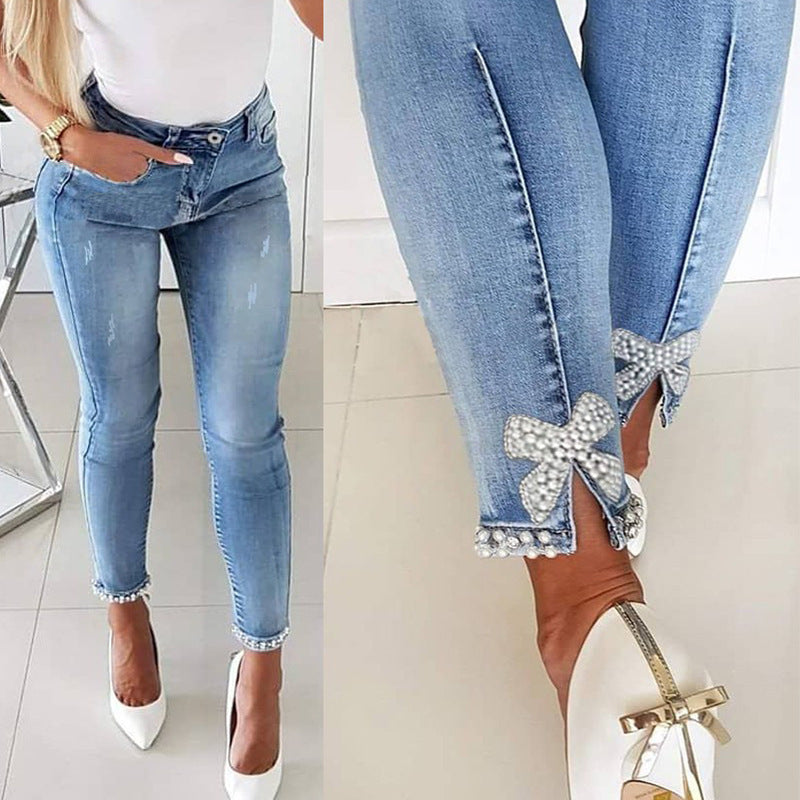 Damen Skinny Jeans mit Perlen- und Schleifendetails Stalluxe