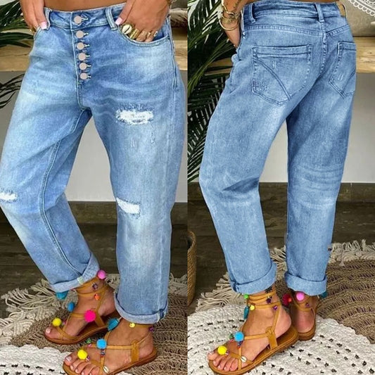 Damen Boyfriend Jeans mit Knopfverschluss und Distressed-Details Stalluxe