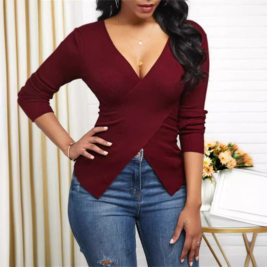 Damen elegantes Wickeloberteil mit strukturiertem Rippstoff und tiefem V-Ausschnitt Stalluxe