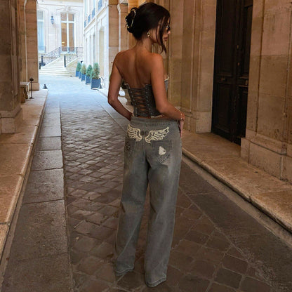 Damen Crop-Top und weiter Jeans mit dekorativen Akzenten Stalluxe