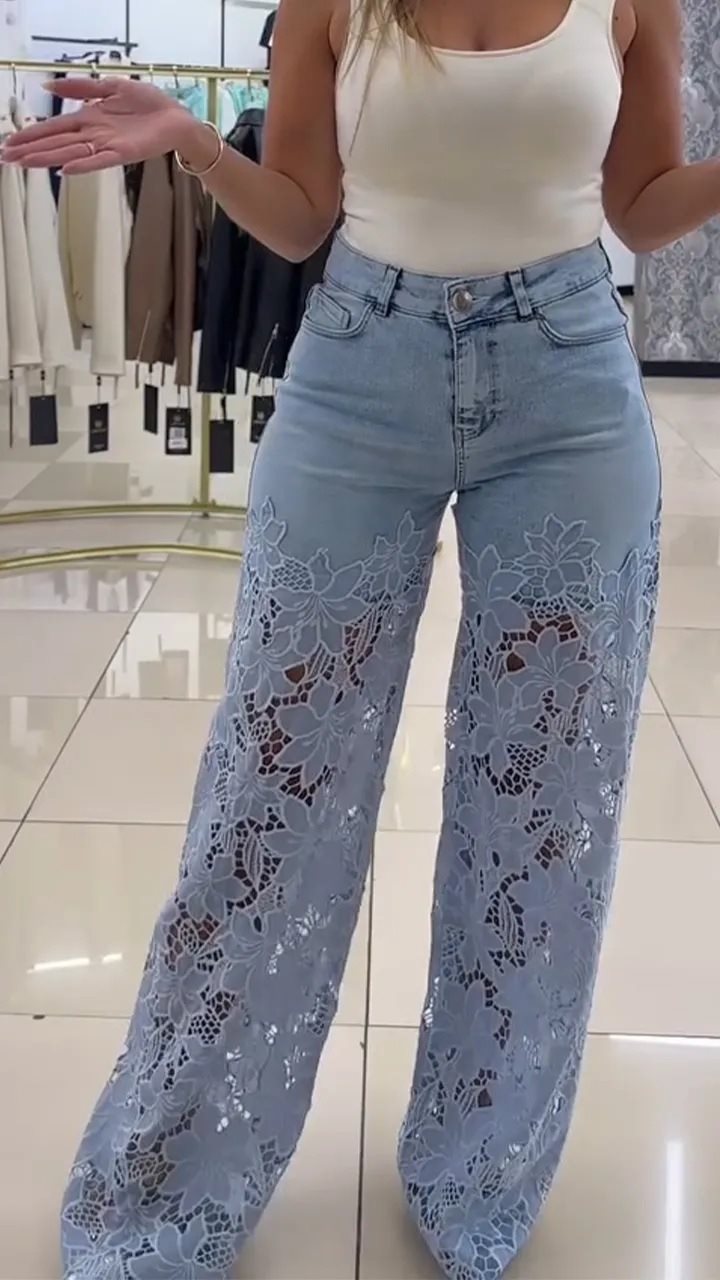 Damen Weite Palazzo-Jeans mit floralem Spitzenmotiv Stalluxe