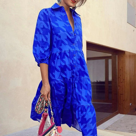 Damen Langarm-Hemdblusenkleid mit modischem Muster und praktischen Taschen Stalluxe