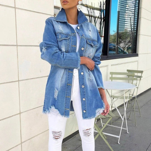 Damen lässige Oversized Denim-Jacke im Used-Look mit fransigen Saum Stalluxe
