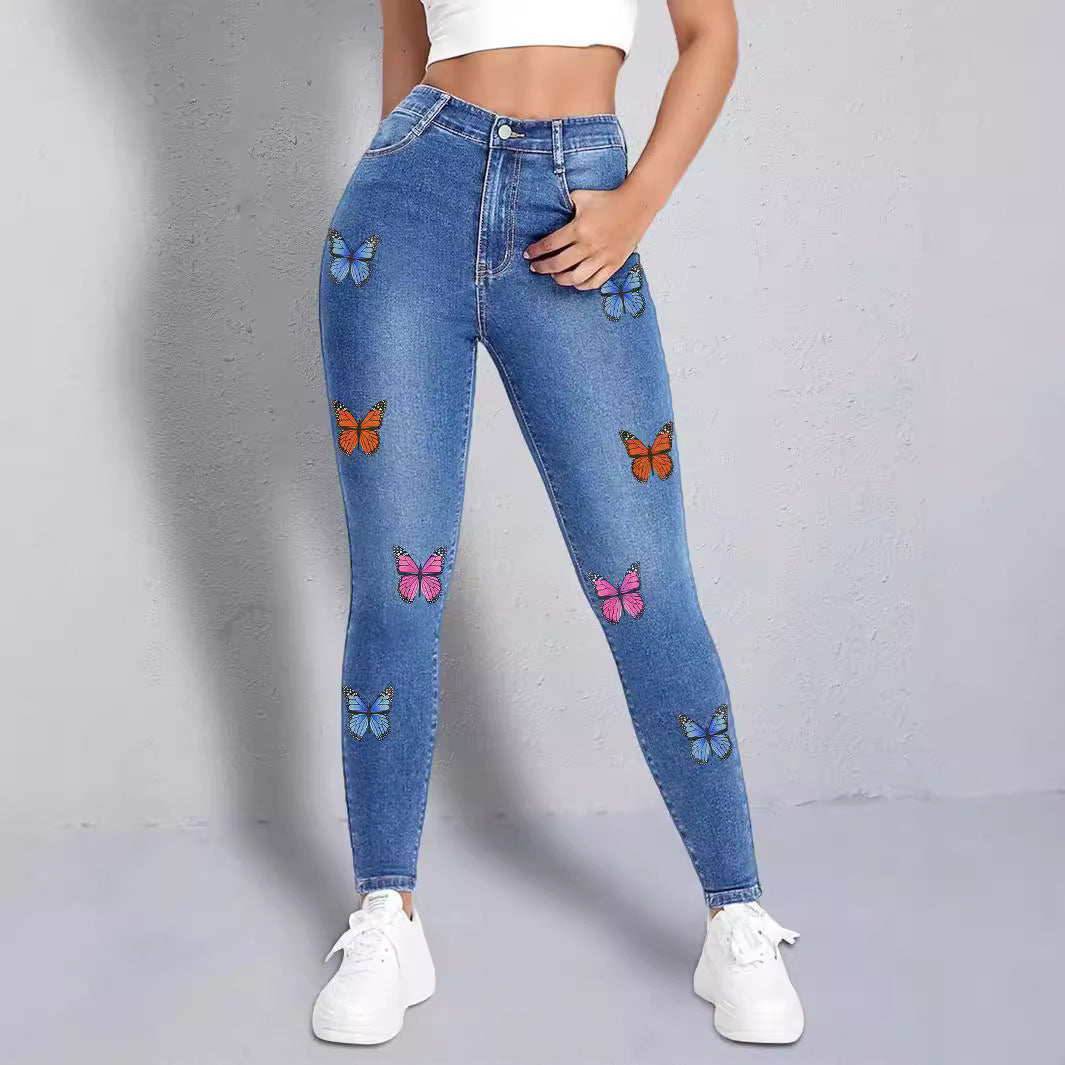 Damen Slim Fit Jeans mit buntem Schmetterlingsmotiv und hohem Bund Stalluxe