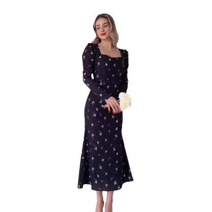 Damen Elegantes Blumen-Kleid mit langem Arm und Taillenschnitt Stalluxe