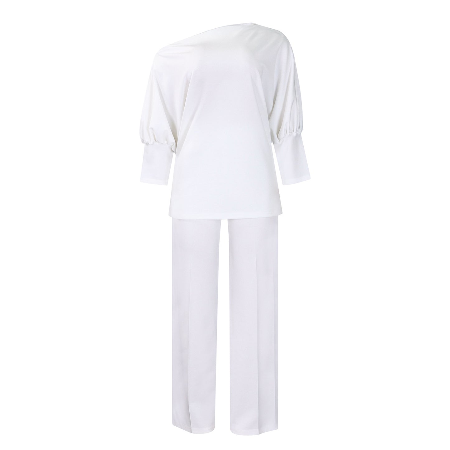 Damen Elegantes Outfitset mit schickem One-Shoulder-Oberteil und weitem Hosen Stalluxe Weiß