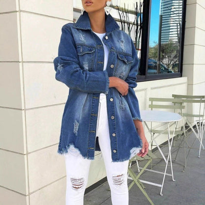 Damen lässige Oversized Denim-Jacke im Used-Look mit fransigen Saum Stalluxe