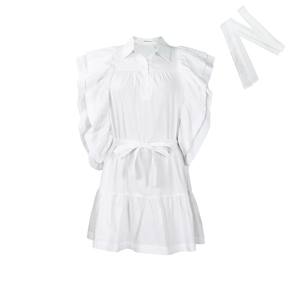 Damen Hemdblusenkleid mit voluminösen Rüschenärmeln und Taillengürtel Stalluxe Weiß