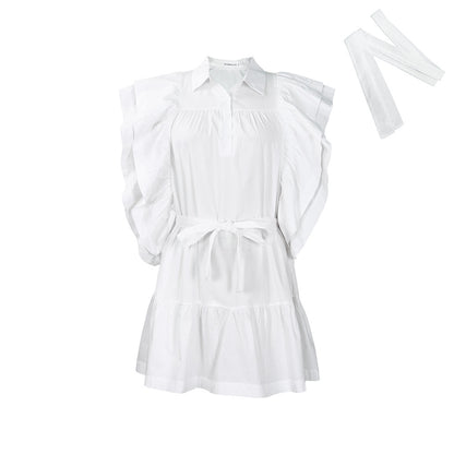 Damen Hemdblusenkleid mit voluminösen Rüschenärmeln und Taillengürtel Stalluxe Weiß
