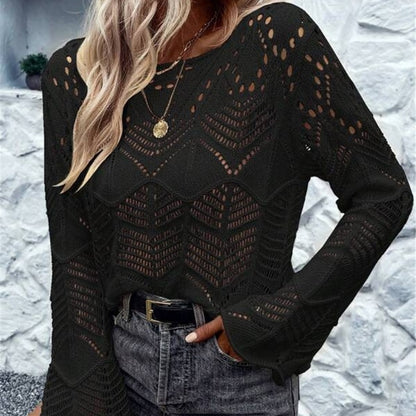 Damen Strickpullover mit filigranem Lochmuster und weitem Ärmel Stalluxe
