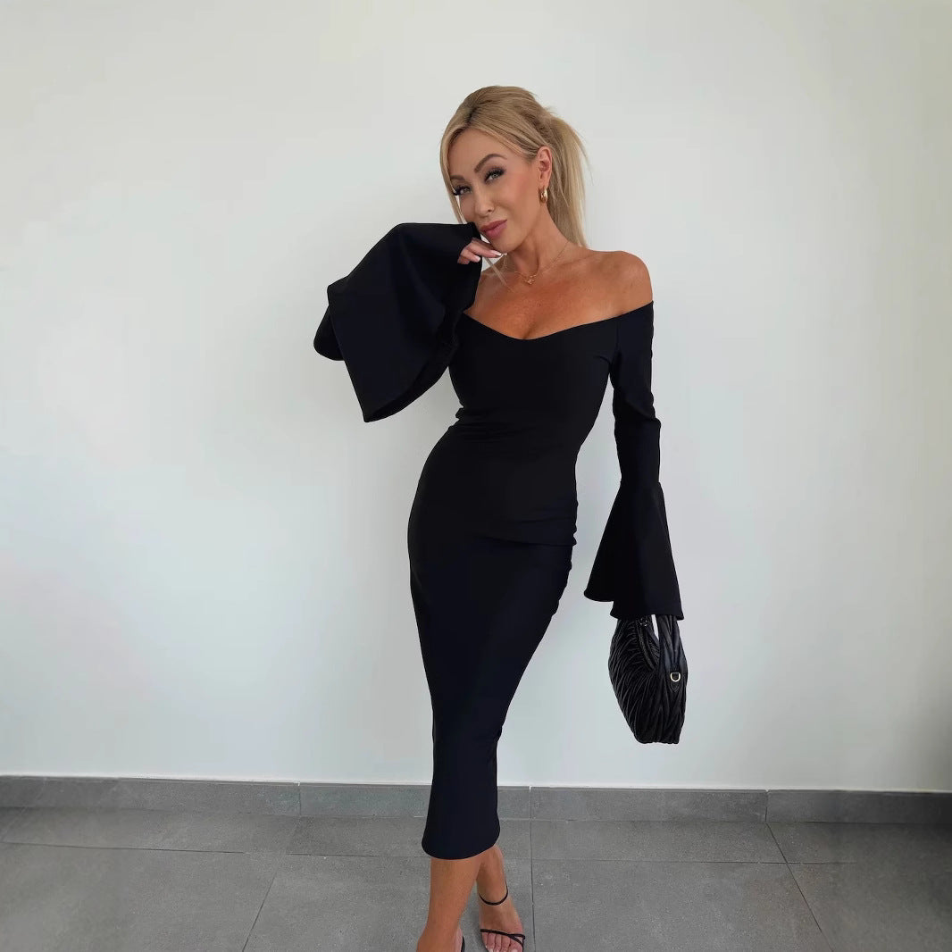 Damen Kleid mit schulterfreiem Ausschnitt und ausgestellten Ärmeln Stalluxe Schwarz