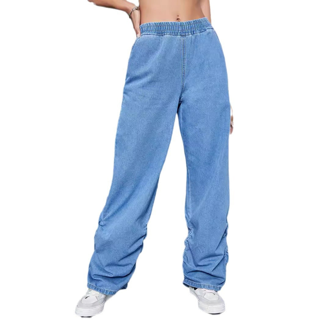 Damen Weit geschnittene Denim-Hose mit elastischem Bund und modernen Raffungselementen Stalluxe