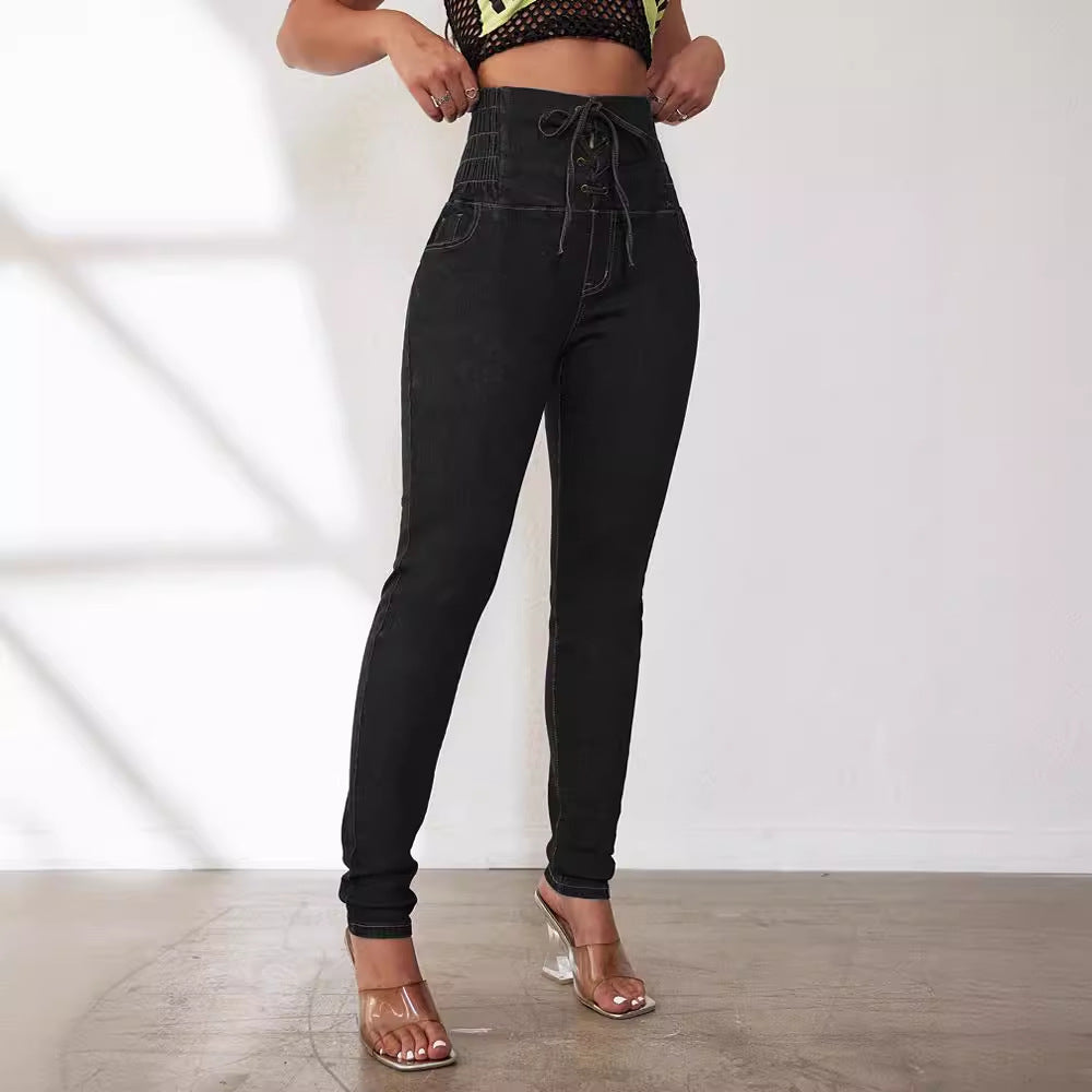Damen Hochtaillierte Jeans mit verstellbarem Kordelzug und taillierter Passform Stalluxe