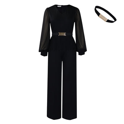 Damen Eleganter Jumpsuit mit plissiertem Oberteil und voluminösen Ärmeln Stalluxe