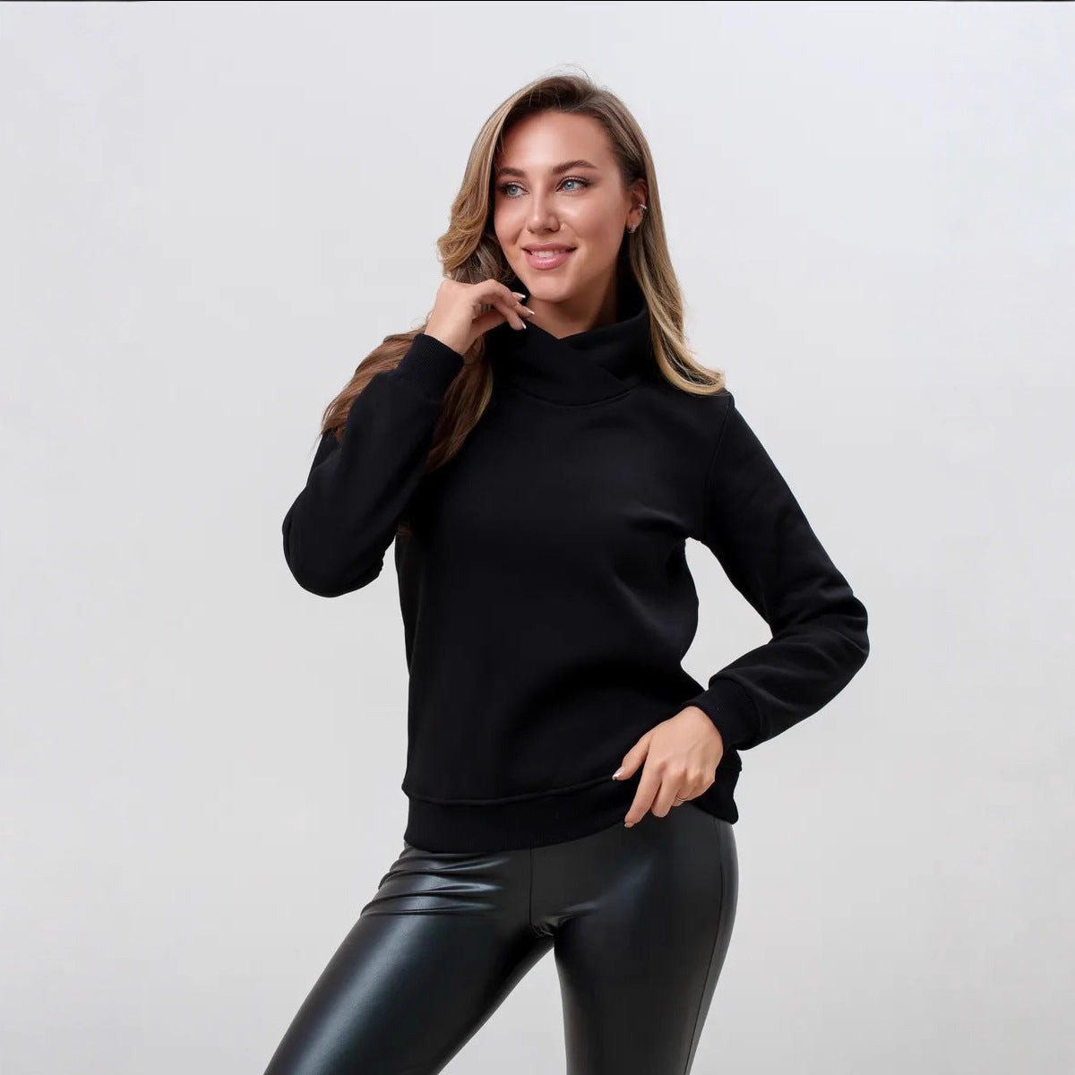 Damen lässiger Pullover mit modernem Stehkragen und hochwertiger Baumwolle Stalluxe Schwarz