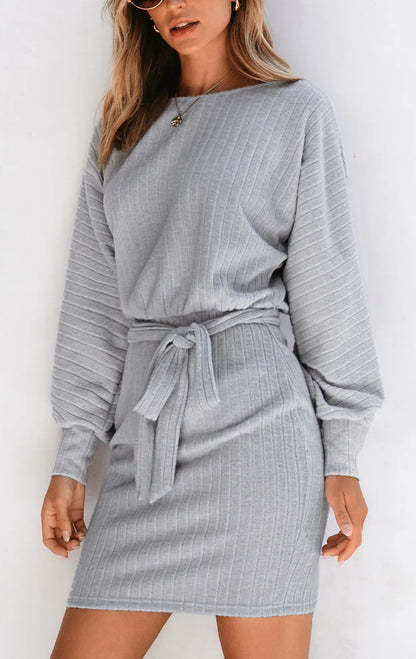 Damen elegantes Pullover-Kleid mit Rippstruktur und Gürtel Stalluxe