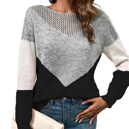 Damen moderner Strickpullover mit kontrastierenden Farbblöcken und V-Ausschnitt Stalluxe