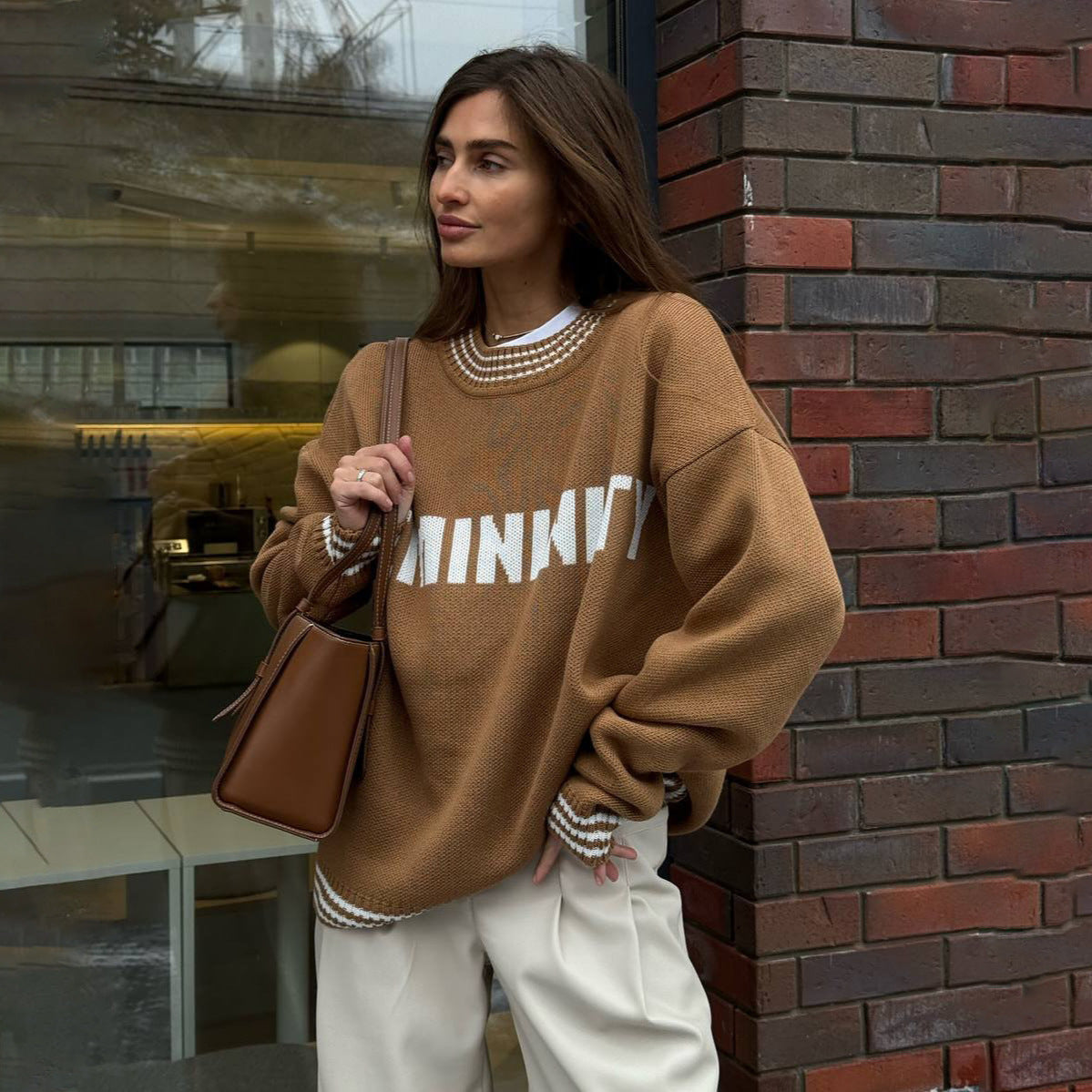 Damen Oversized Strickpullover mit grafischem Schriftzug Stalluxe