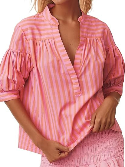 Damen Hemdblusenshirt mit Puffärmeln und gestreiftem Muster Stalluxe