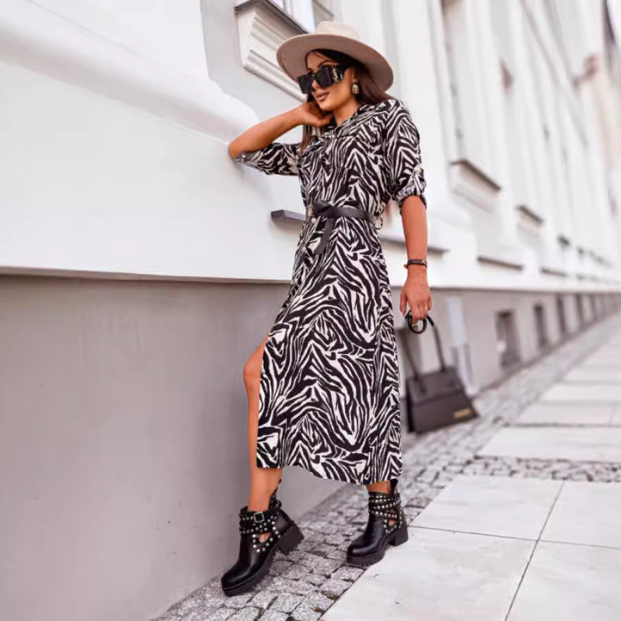 Damen Midi-Kleid mit Tiermuster und Gürtel Stalluxe