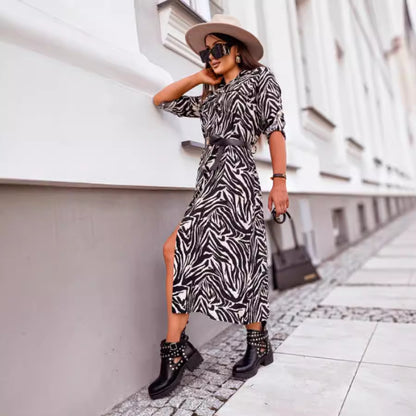 Damen Midi-Kleid mit Tiermuster und Gürtel Stalluxe