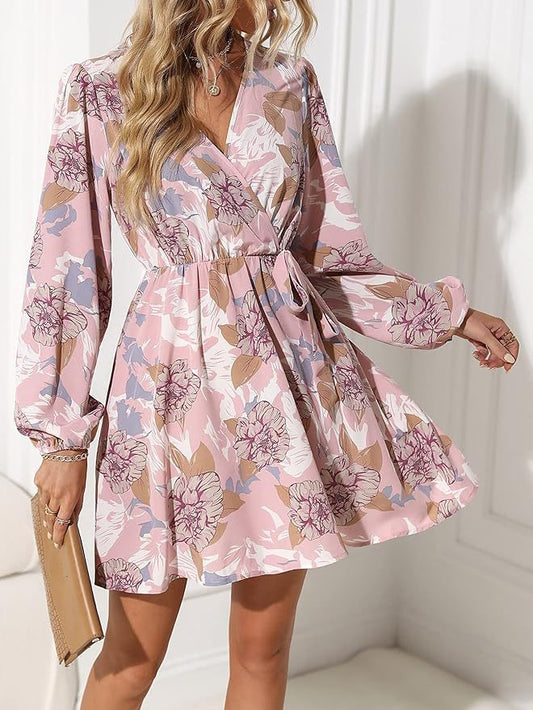 Damen florales Wickelkleid mit langen Ärmeln und Taillenbindung Stalluxe