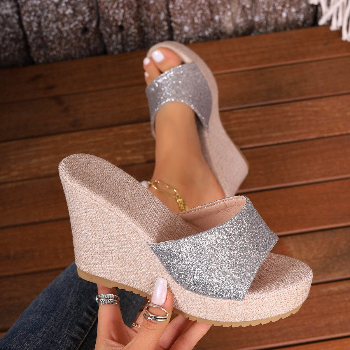 Damen Wedge-Pantoletten mit Glitzer und rutschfester Sohle Stalluxe