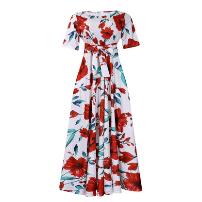 Damen Maxikleid mit modischem Grafikdruck und tailliertem Gürtel Stalluxe