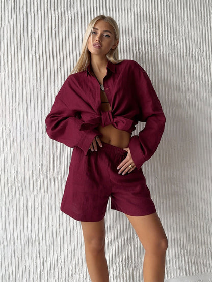 Damen lässige Leinenbluse und Shorts Set Stalluxe