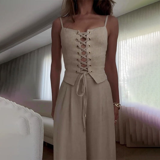 Damen Eleganter Jumpsuit mit Schnürung und weitem Bein Stalluxe