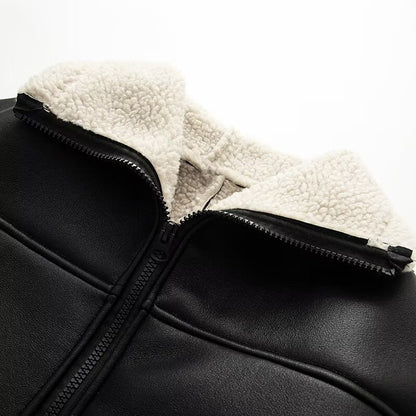 Damen modische Kunstlederjacke mit warmem Fleecefutter und praktischen Taschen Stalluxe