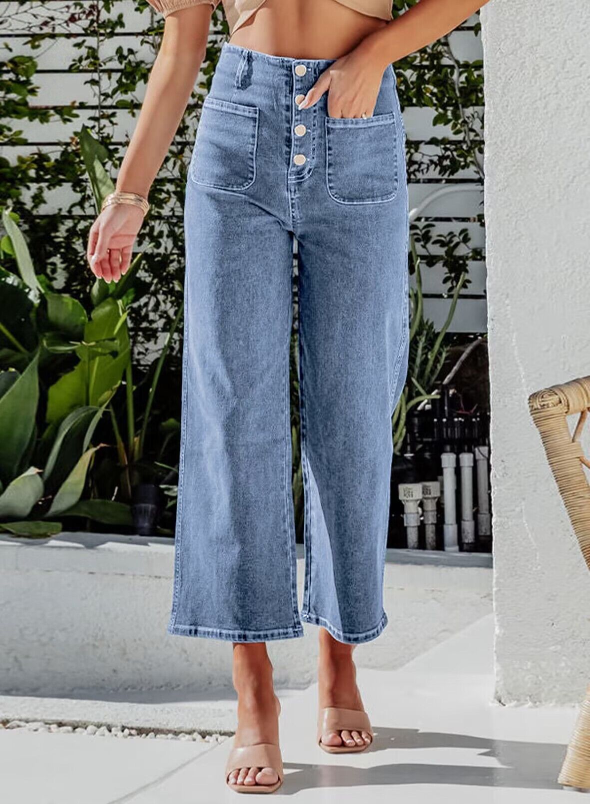 Damen Weite Jeanshose mit hohem Bund Stalluxe