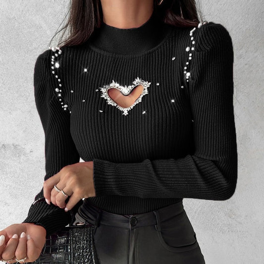 Damen Strickpullover mit glitzernden Herz-Ausschnitt und Dekorelementen Stalluxe