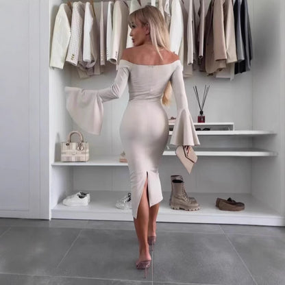 Damen Elegantes Langarmkleid mit weiten Ärmeln und Schlitz Stalluxe