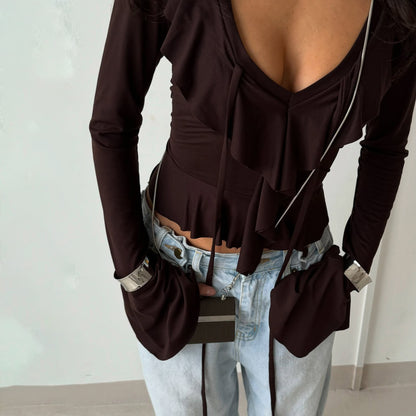 Damen Langarmbluse mit Rüschen und tiefem V-Ausschnitt Stalluxe