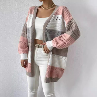 Damen Lässiger Strickcardigan mit modernen Lochmustern und farblichen Blockstreifen Stalluxe