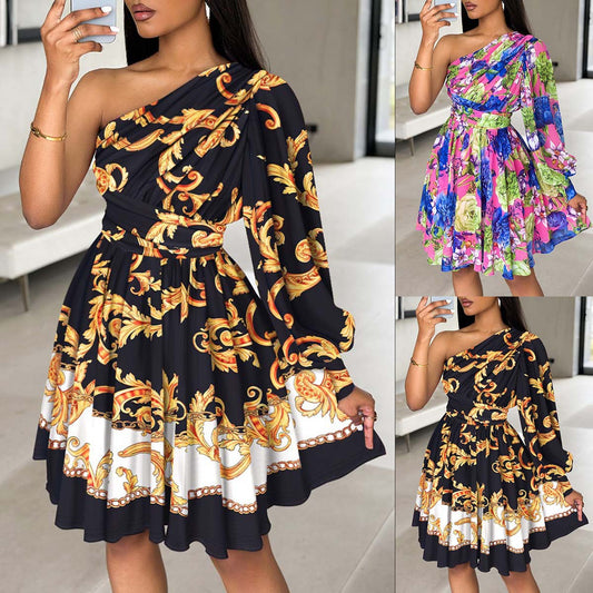 Damen Ein-Schulter Kleid mit voluminösen Ärmeln und floralem Design Stalluxe
