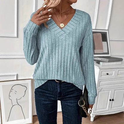 Damen Eleganter V-Ausschnitt Strickpullover mit Rippdesign Stalluxe