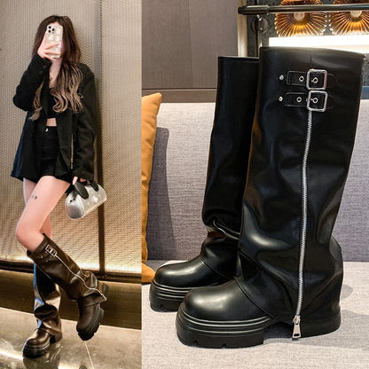 Damen Überknee-Stiefel mit modischem Reißverschluss und verstellbarem Riemen Stalluxe