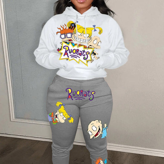 Damen Hoodie und Jogginghose Set mit farbenfrohen Cartoon-Motiven Stalluxe