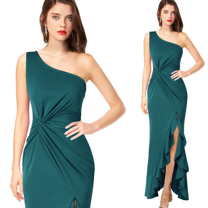 Damen Maxikleid mit asymmetrischem Ausschnitt und elegantem Raffdesign Stalluxe