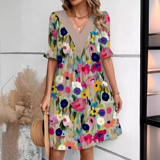 Damen Freizeitkleid mit tiefem V-Ausschnitt und modischen Puffärmeln Stalluxe