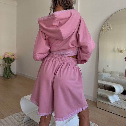 Damen sportlicher Oversized Hoodie mit fransigen Details und Shorts-Set Stalluxe