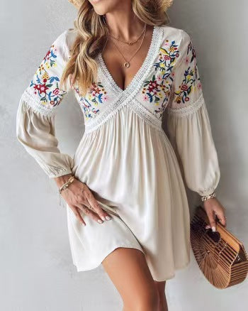 Damen Luftiges Sommerkleid mit besticktem V-Ausschnitt und langen Ärmeln Stalluxe
